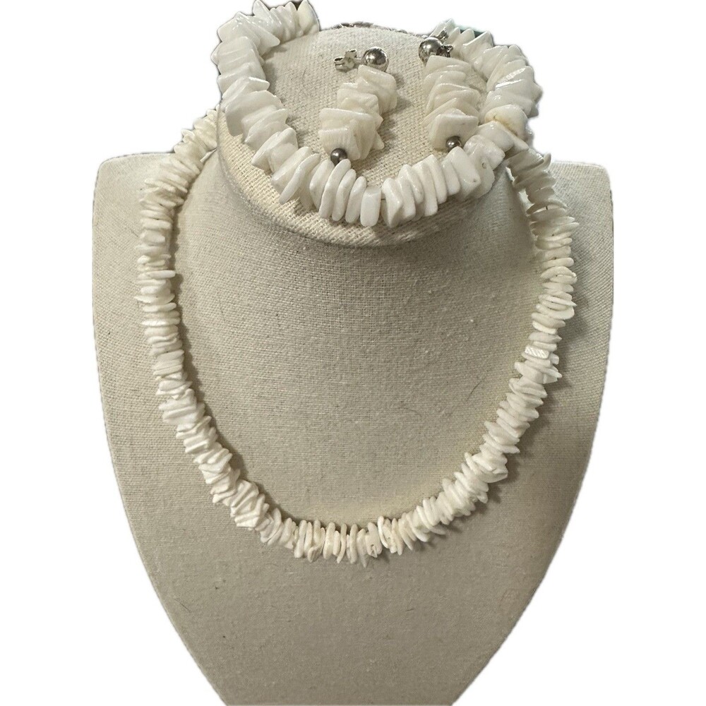 Vintage white shell chip necklace, bracelet, and earrings set with 925 sterling